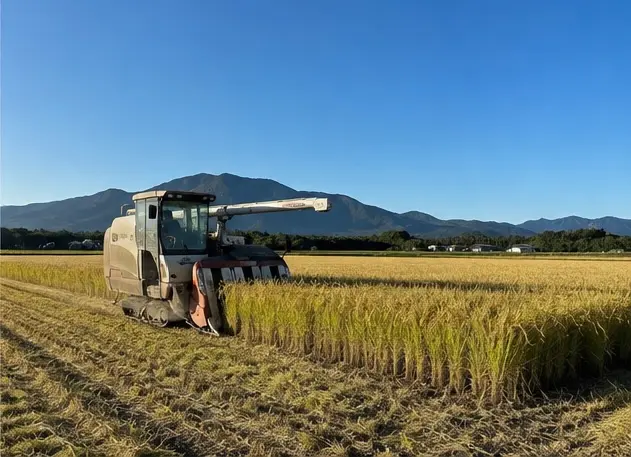 熊本県玉名市にある株式会社Ueda Farmの田んぼ。コンバインで稲を収穫している様子