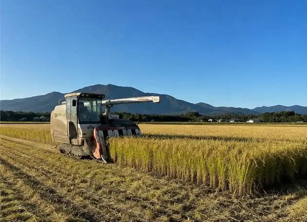 熊本県玉名市にある株式会社Ueda Farmの田んぼ。コンバインで稲を収穫している様子